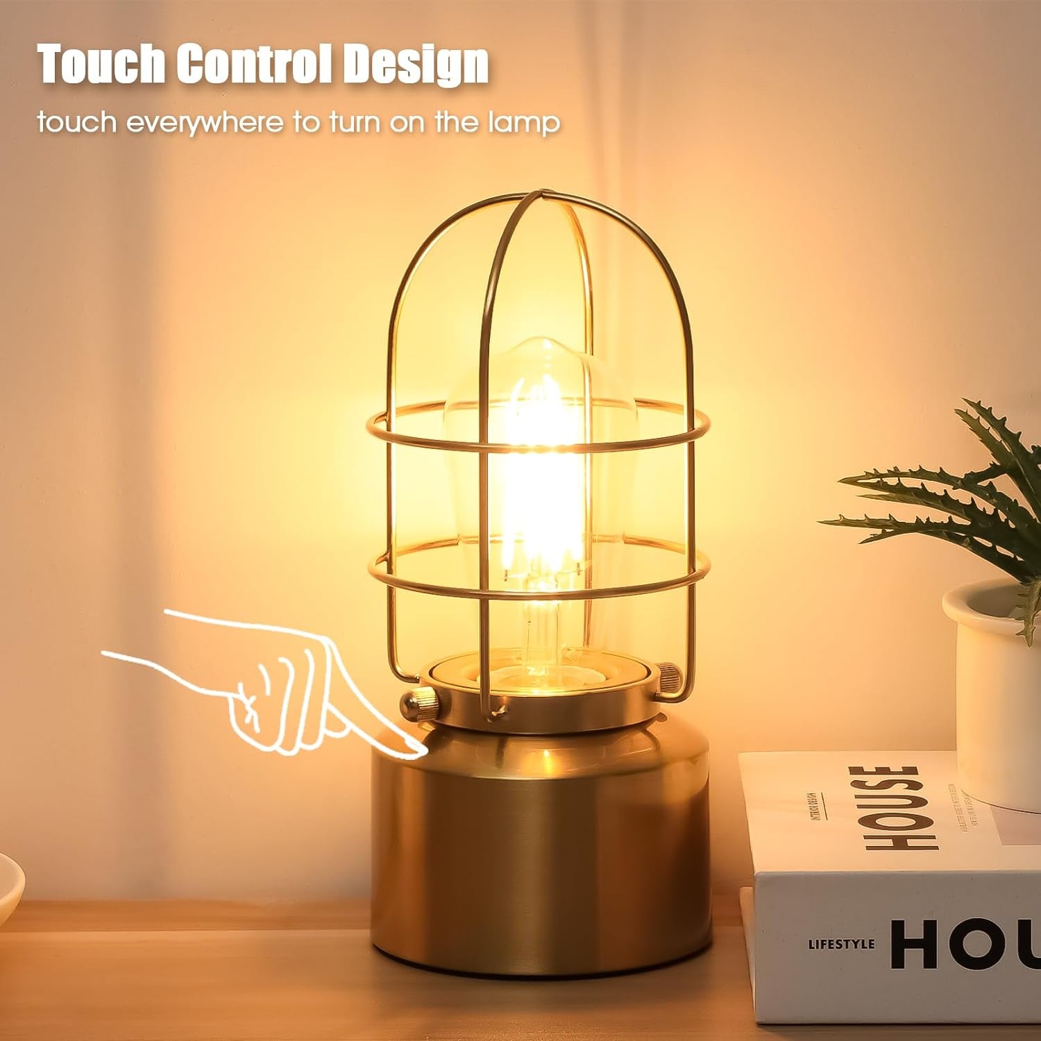 Small Touch Gold Table Lamp for Small Spaces - 3 Way Dimmable Industrial Bedside Lamp - Steampunk Antique Nightstand Desk for Bedroom, Living Room (Bulb Included)